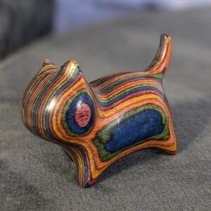 Wooden hand carved kitty cat feline figurine statue in multi-color